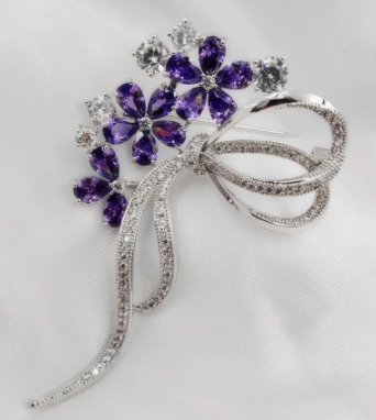 Jewelblings Elegant Silver Tone Double Ribbon Triple Purple Flowers Brooches Pin Garden Jewelry