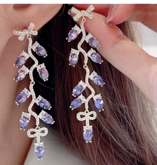 Jewelblings  Ribbon Bowtie and Campanula Bellflower Drop Earrings Bell Shaped Floral Jewelry