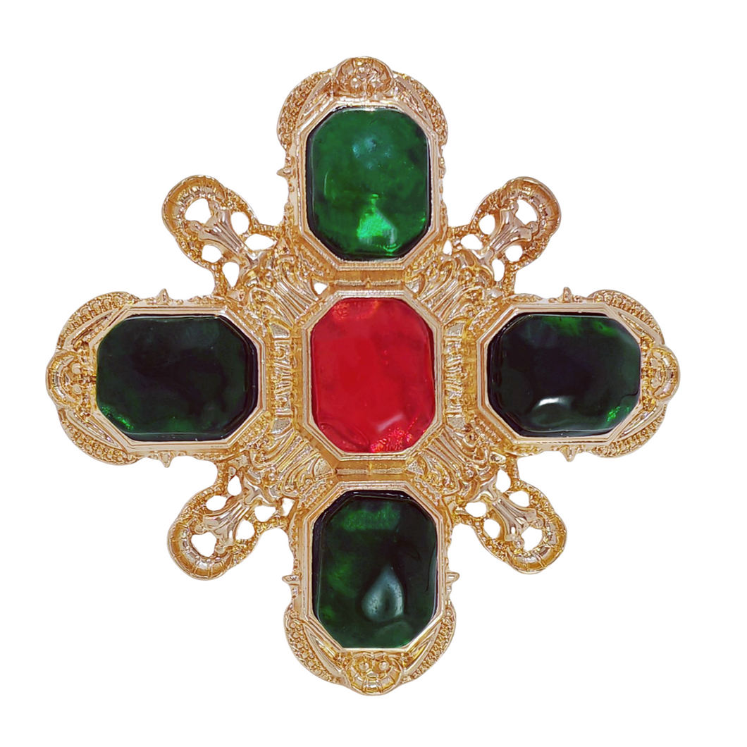 Vintage Green and Red Maltese Cross Brooch Pin Baroque Jewelry