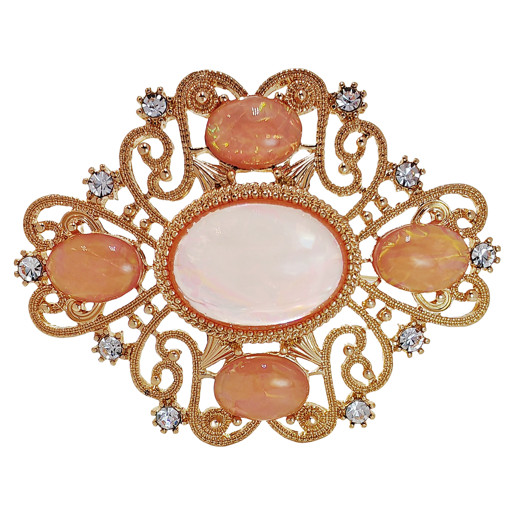 Delicate Gold Scroll and Pink Oval Brooch Art t Nouveau Jewelry