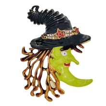 Load image into Gallery viewer, Spooky Green Enamel Witch Brooch with Moon Face Autumnal Halloween Jewelry
