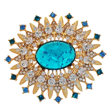 Load image into Gallery viewer, Gorgeous Gold Metal Burst Blue Oval Brooch Art Deco Jewelry
