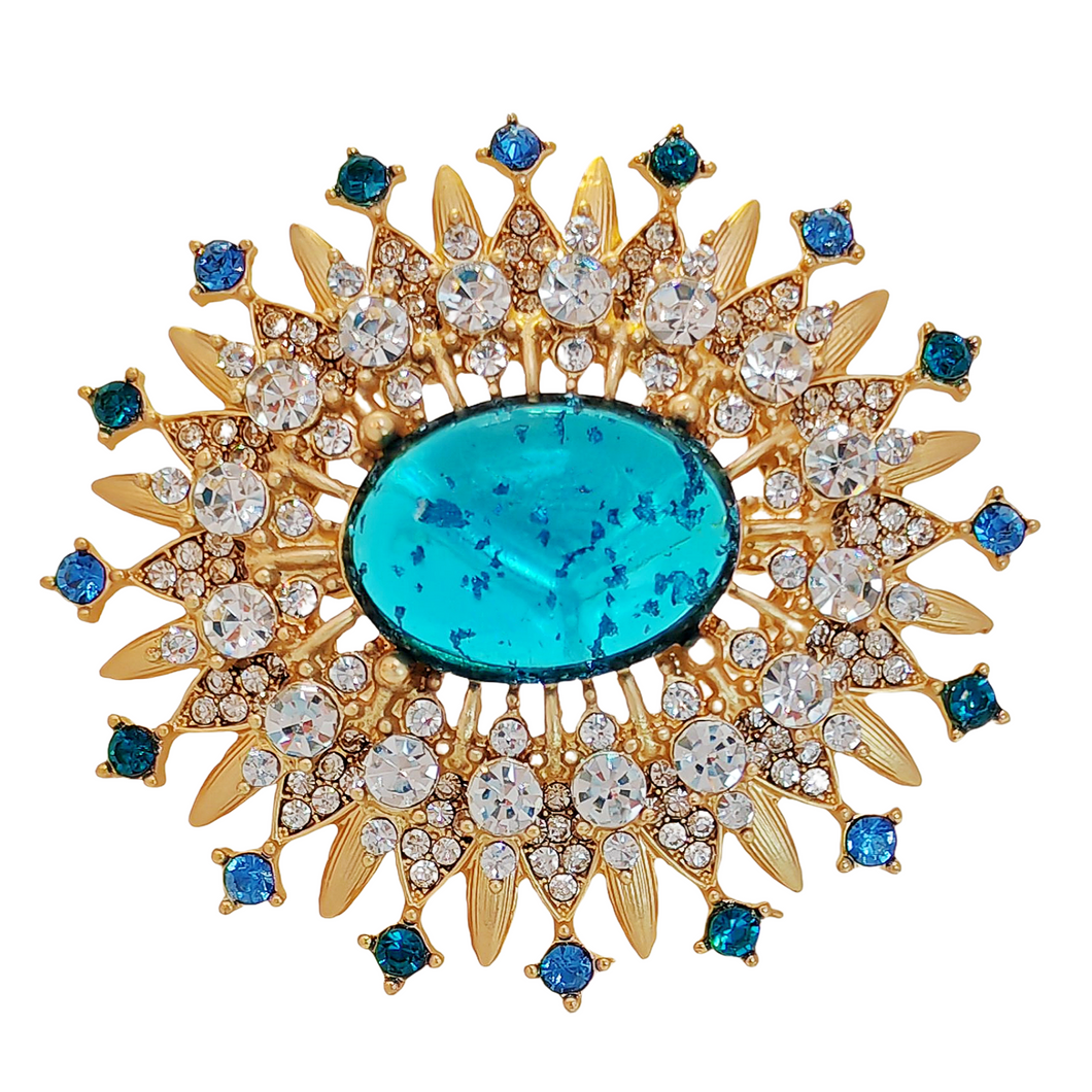 Gorgeous Gold Metal Burst Blue Oval Brooch Art Deco Jewelry