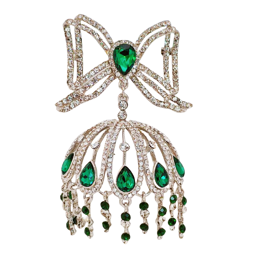 Indian Stylish Oversize Green Bow & Jhumka Brooch Pin Asin Traditional Jewelry