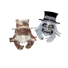 Load image into Gallery viewer, Gothic White Enamel Grim Grinning Ghost Brooch with Hat Scary Jewelry
