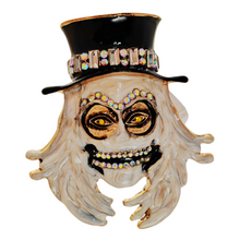 Load image into Gallery viewer, Gothic White Enamel Grim Grinning Ghost Brooch with Hat Scary Jewelry
