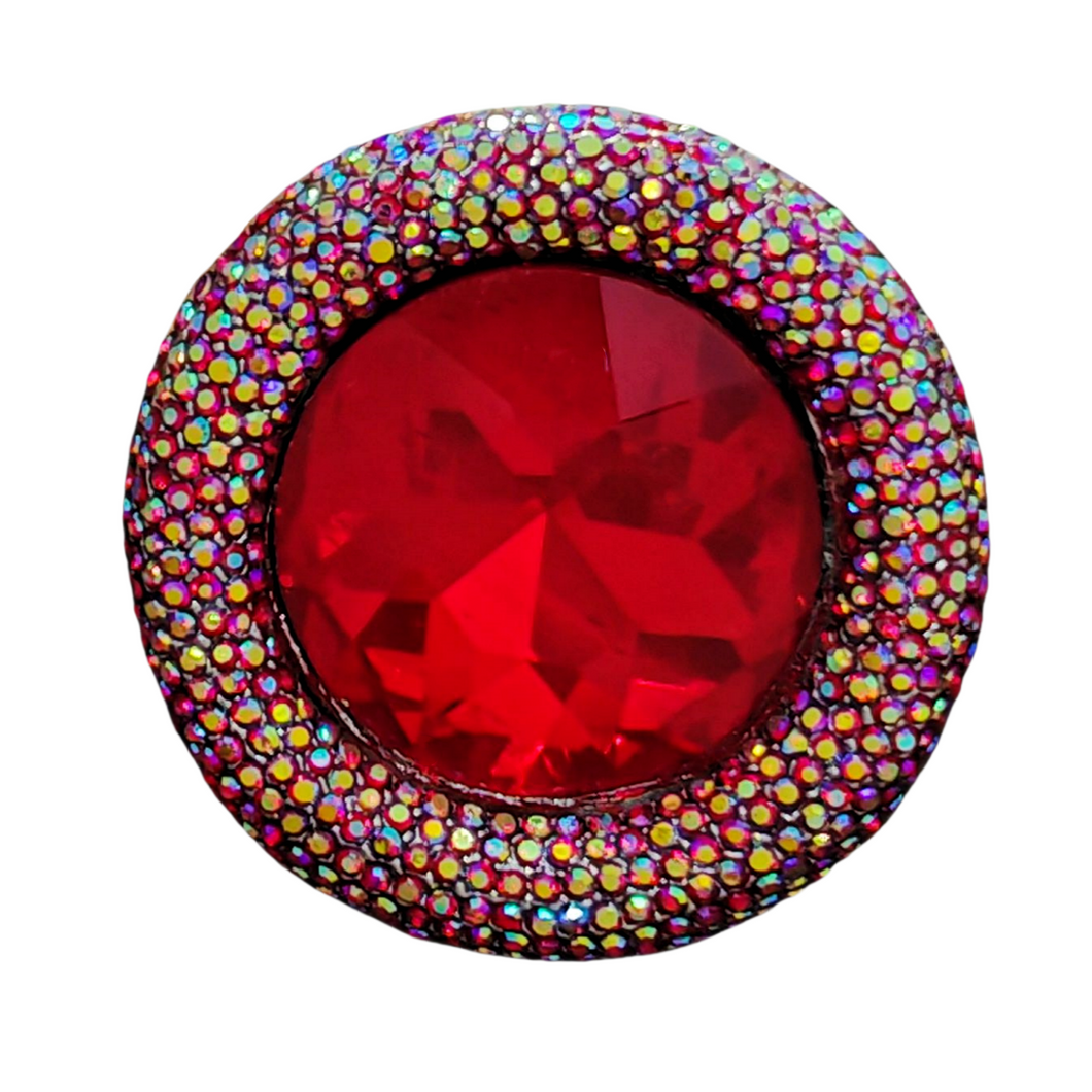 Stunning AB Aurora Borealis Red Rhinestone Round Pin Brooch Vintage Statement Jewelry