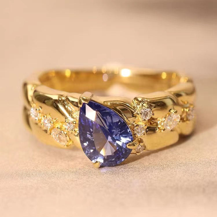 Italian Vintage Gold-tone Pear-shaped Royal Blue Open Rings with Croissant Accent