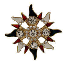 Load image into Gallery viewer, Vintage Opens Imitated Pearl Beads Accent Crystal and Enamel Sun Burst Brooch Maltese Cross Badge Pin
