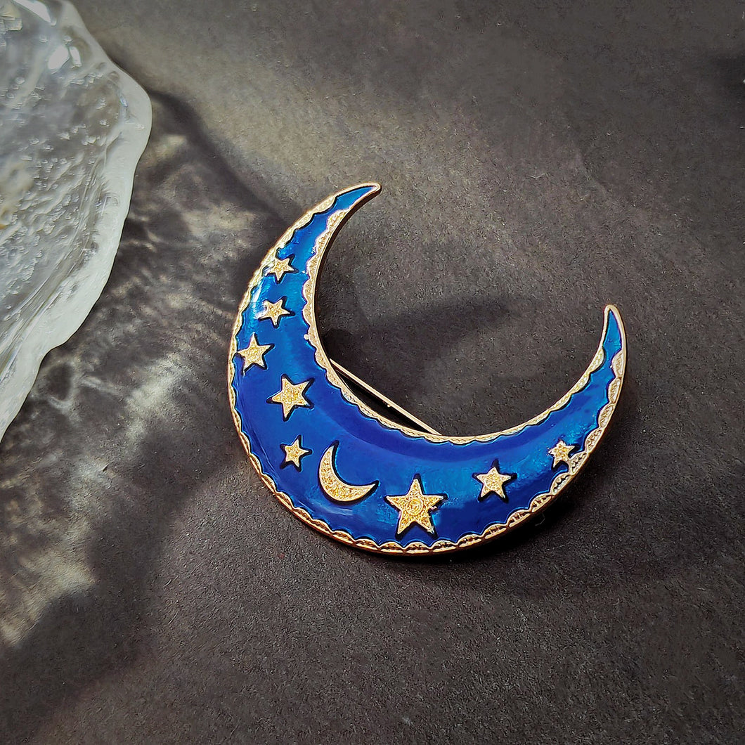 Excellent Sleeping Metal Stars and Cobalt Blue Enamel Crescent Moon Brooch Pin Night Jewelry