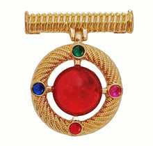 Load image into Gallery viewer, Modernist Gold Wrapped Bar &amp; Red Round Stone Drop Brooch Pin Baroque Vintage Jewelry
