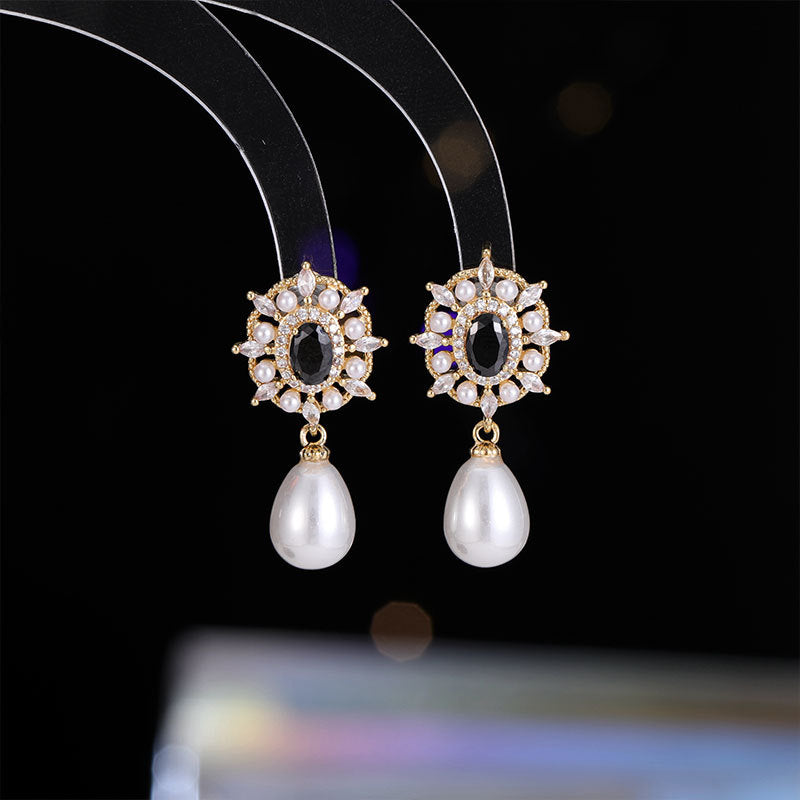 Elegancy Black Oval Flower Pearl Drop Earrings Vintage Collection