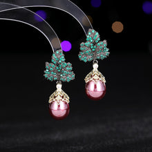 Load image into Gallery viewer, Gorgeous Green Leaf Burgundy Red Pearl Drop Earrings Black-tone Autumn Winter Jewelry
