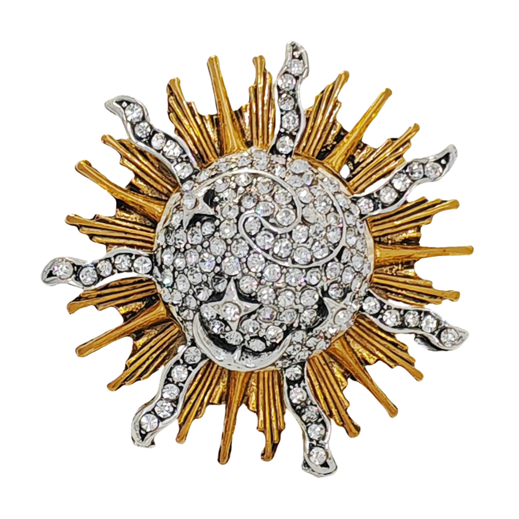 Fabulous Gold & Crystal Moon Star Celestial Brooch Pin Burst Jewelry