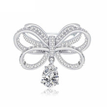 Load image into Gallery viewer, Classic Silver Tone Micro Pave CZ Triple Loop Ribbon Bow Brooches with Pear Drop
