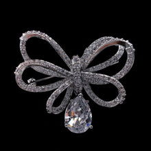 Load image into Gallery viewer, Classic Silver Tone Micro Pave CZ Triple Loop Ribbon Bow Brooches with Pear Drop
