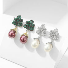 Load image into Gallery viewer, Gorgeous Green Leaf Burgundy Red Pearl Drop Earrings Black-tone Autumn Winter Jewelry
