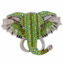 Load image into Gallery viewer, Retro Indian Style Green Crystal Elephant Head Brooch with AB Accent Unisex Tropical Animal Jewelry
