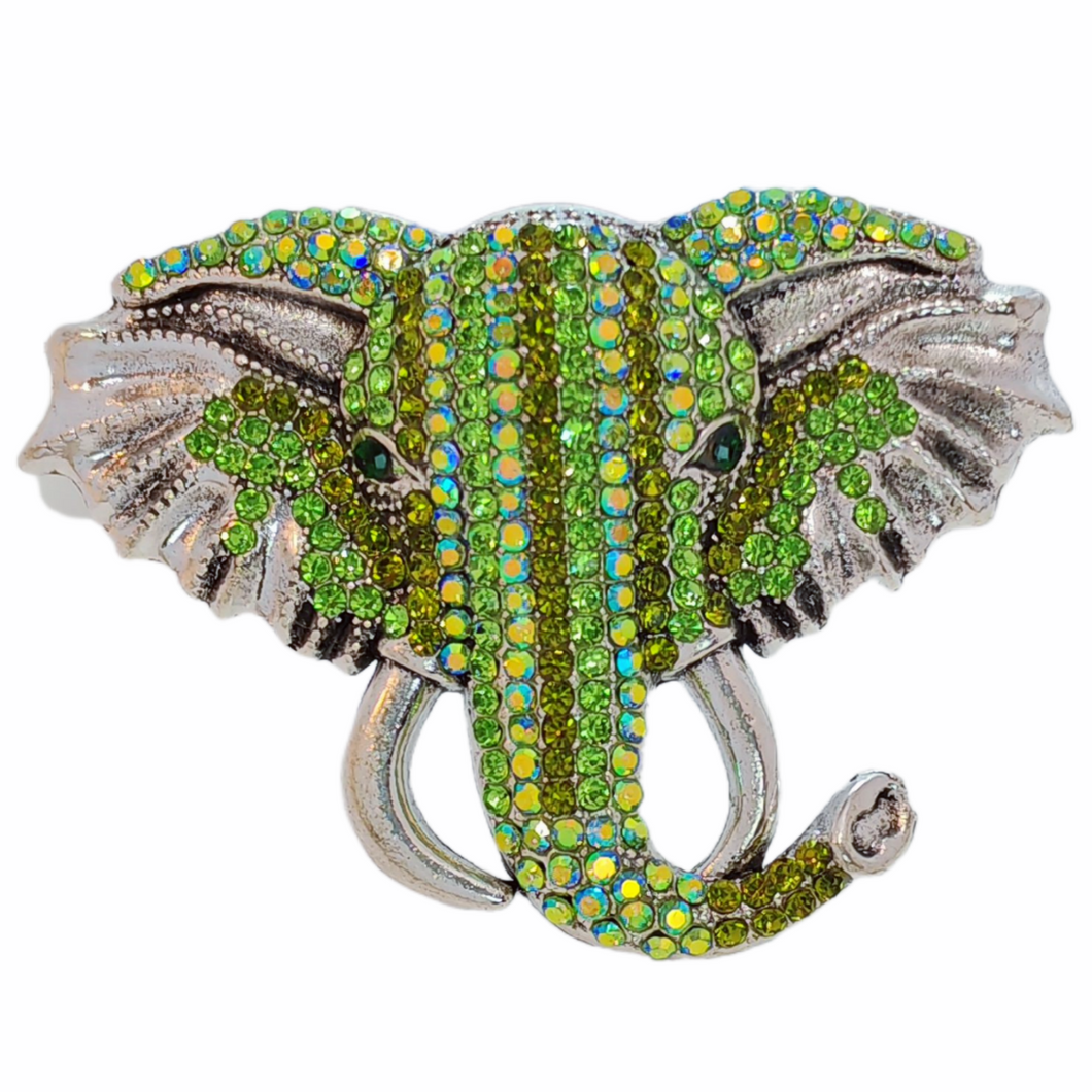 Retro Indian Style Green Crystal Elephant Head Brooch with AB Accent Unisex Tropical Animal Jewelry