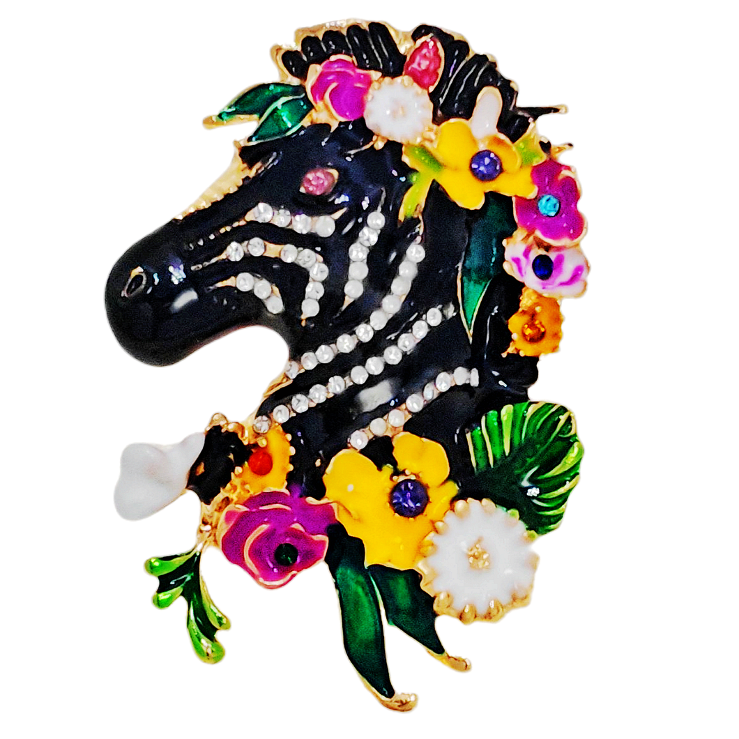 Adorable Floral Crystal and Enamel Zebra Heda Brooch Cute Animal Jewelry