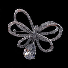 Load image into Gallery viewer, Classic Silver Tone Micro Pave CZ Triple Loop Ribbon Bow Brooches with Pear Drop
