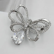 Load image into Gallery viewer, Classic Silver Tone Micro Pave CZ Triple Loop Ribbon Bow Brooches with Pear Drop
