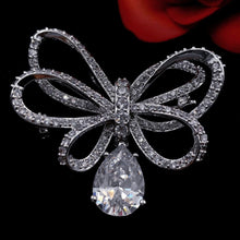 Load image into Gallery viewer, Classic Silver Tone Micro Pave CZ Triple Loop Ribbon Bow Brooches with Pear Drop
