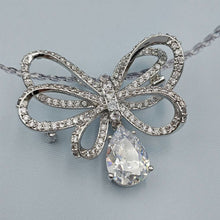 Load image into Gallery viewer, Classic Silver Tone Micro Pave CZ Triple Loop Ribbon Bow Brooches with Pear Drop
