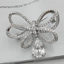 Load image into Gallery viewer, Classic Silver Tone Micro Pave CZ Triple Loop Ribbon Bow Brooches with Pear Drop
