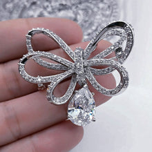 Load image into Gallery viewer, Classic Silver Tone Micro Pave CZ Triple Loop Ribbon Bow Brooches with Pear Drop
