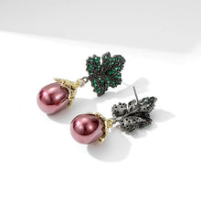 Load image into Gallery viewer, Gorgeous Green Leaf Burgundy Red Pearl Drop Earrings Black-tone Autumn Winter Jewelry
