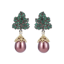 Load image into Gallery viewer, Gorgeous Green Leaf Burgundy Red Pearl Drop Earrings Black-tone Autumn Winter Jewelry
