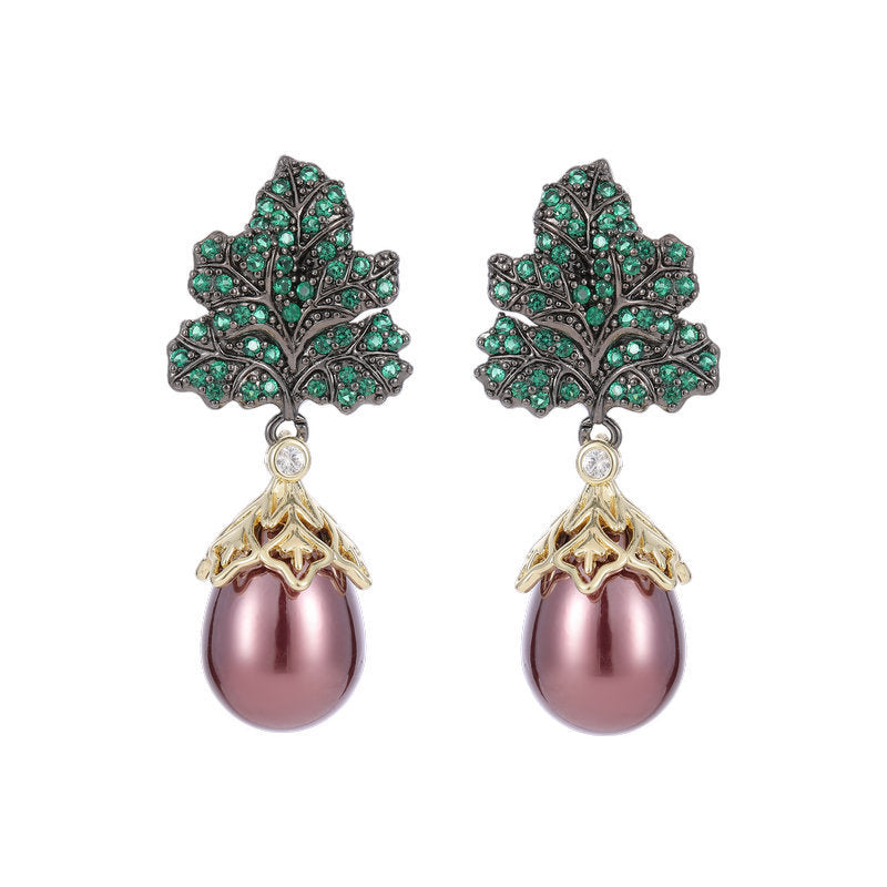 Gorgeous Green Leaf Burgundy Red Pearl Drop Earrings Black-tone Autumn Winter Jewelry