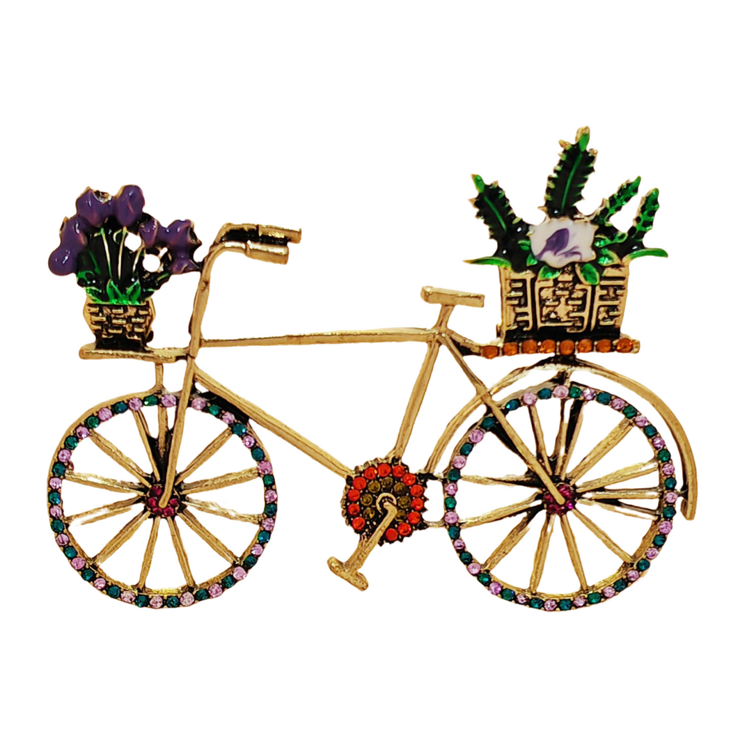 Stunning Vintage Metallic Women Bike Brooch with Enamel Flower Basket