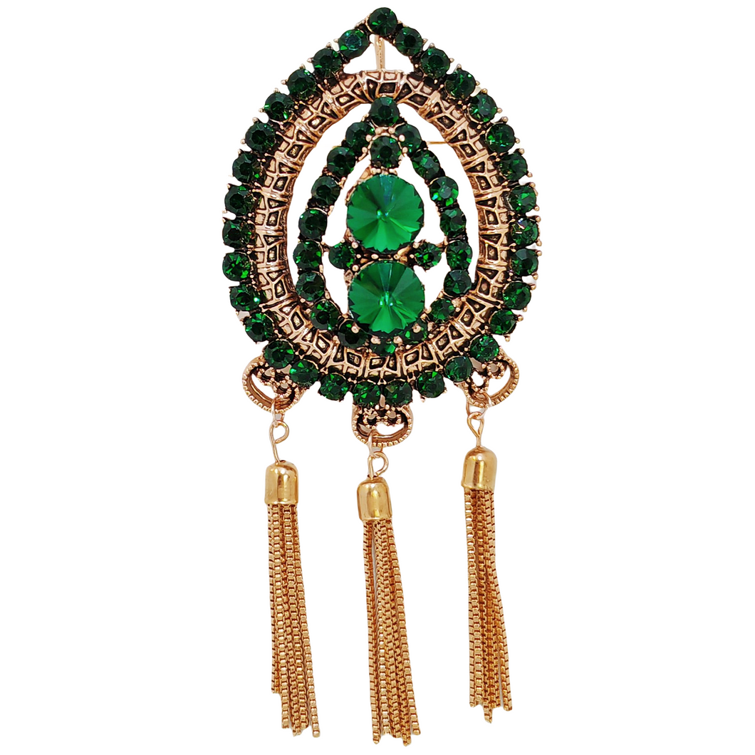 Alein Indian Style Opens Green Teardrop Brooch with Trio Tassel