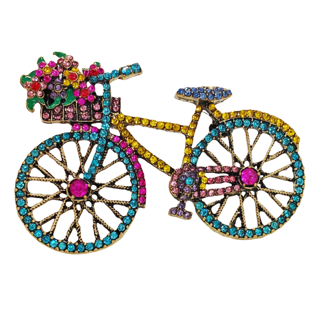 Cheerful Colorful Crystal Bicycle Pin Brooch with Full Flower Basket