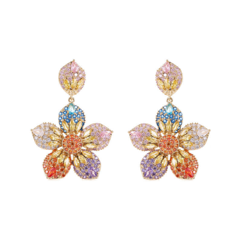 Fantastic Rainbow Colored 5-Petal Flower Drop Earrings Statement Jewelry