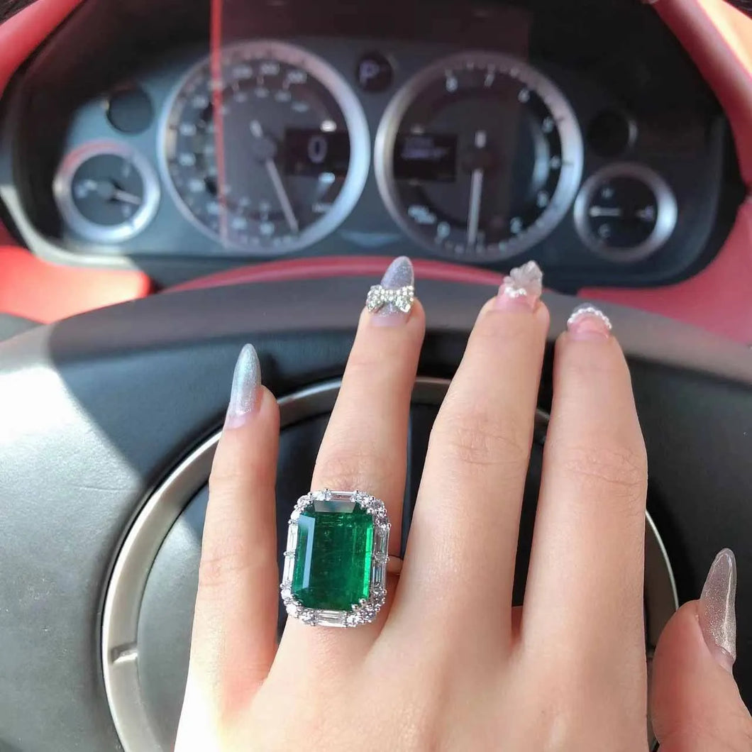 Classic Vintage Baguette Cut CZ Hemmed Emerald Green Rectangle Adjustable Rings