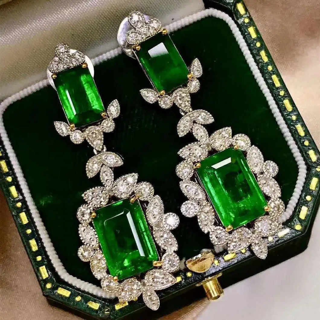 Classic Vintage Cluster Emerald Green Rectangle Drop Earrings