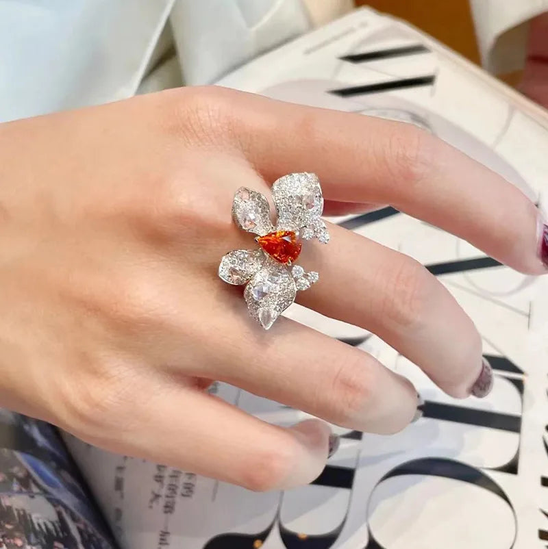 Deliciated Full Pave CZ Orange Butterfly Cocktail Rings for Summer Wear