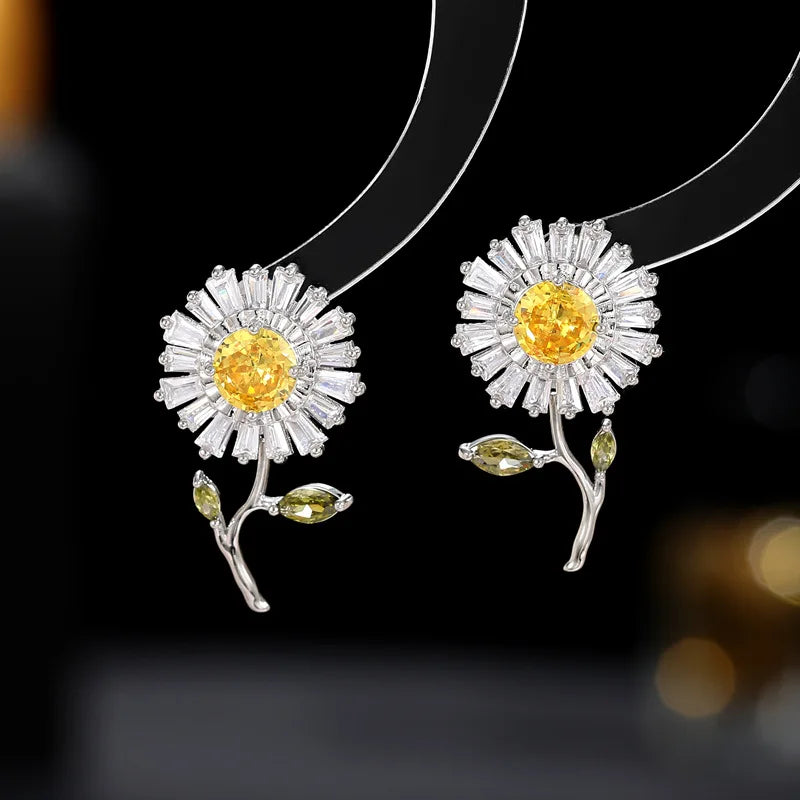 Delightful Short Stem Leaf Yellow Daisy Flower Stud Earrings Summer Wear Jewelry