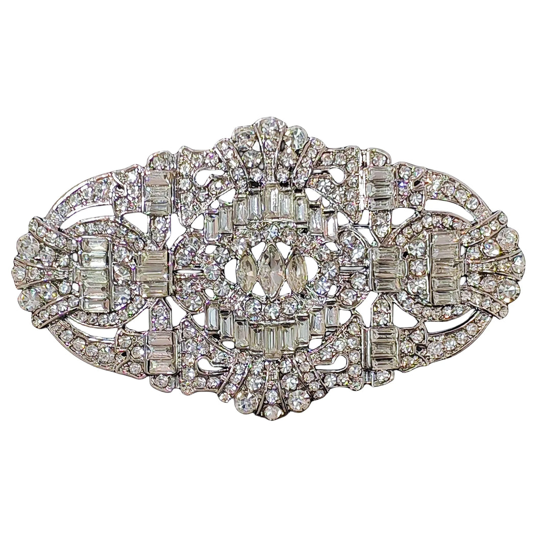 Edwardian Vintage Silver Tone Crystal Rhinestone Oval Art Deco Brooch Badge Pin Wedding Accessory