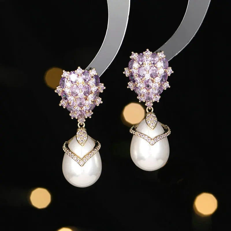 European Vintage Stylish Cluster CZ Pear and Pearl Drop Earrings Elegancy Jewelry