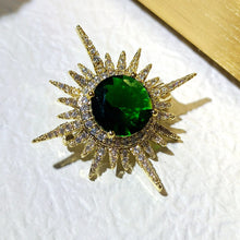 Load image into Gallery viewer, Excellent Gold and Emerald Starburst Pin Brooch Planet Sun Burst Jewelry
