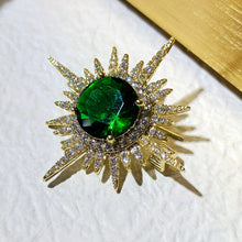 Load image into Gallery viewer, Excellent Gold and Emerald Starburst Pin Brooch Planet Sun Burst Jewelry
