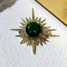 Load image into Gallery viewer, Excellent Gold and Emerald Starburst Pin Brooch Planet Sun Burst Jewelry
