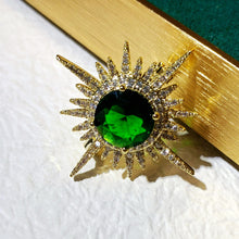 Load image into Gallery viewer, Excellent Gold and Emerald Starburst Pin Brooch Planet Sun Burst Jewelry
