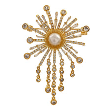 Load image into Gallery viewer, Fabulous Statement Cubic Zircon and Pearl Sunburst Brooch with Fringe Tassel Costume Accessory
