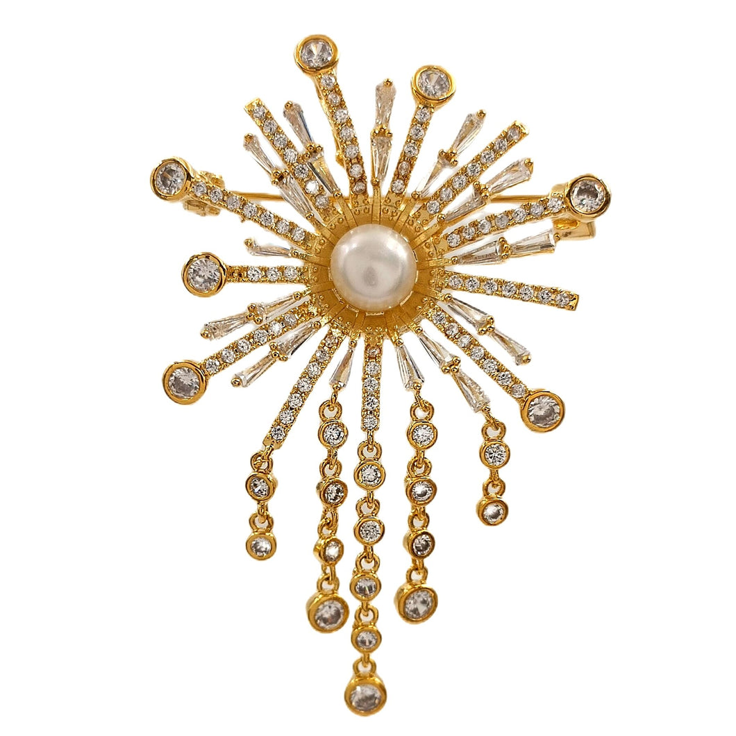 Fabulous Statement Cubic Zircon and Pearl Sunburst Brooch with Fringe Tassel Costume Accessory