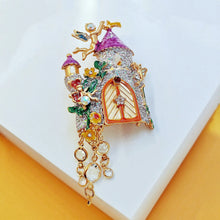 Load image into Gallery viewer, Fantastic Angles and Sequins Enamel Fairy Castle Brooch with Tassel Drop
